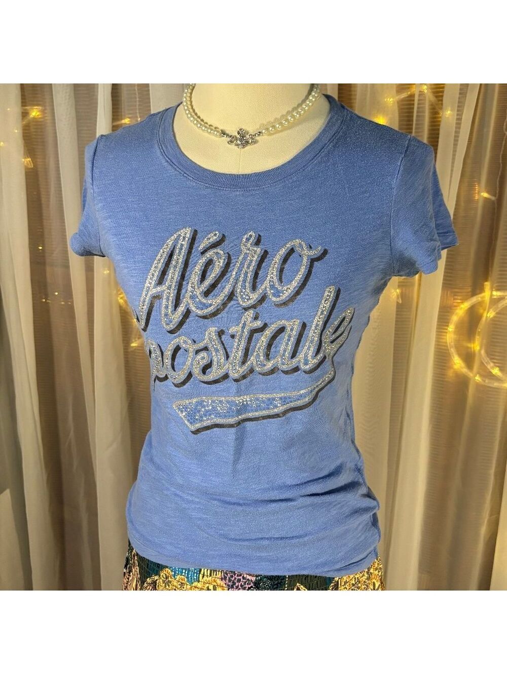 Aeropostale Aero Graphic Baby Tee Blue Glitter Y2K Fitted Rhinestone XS